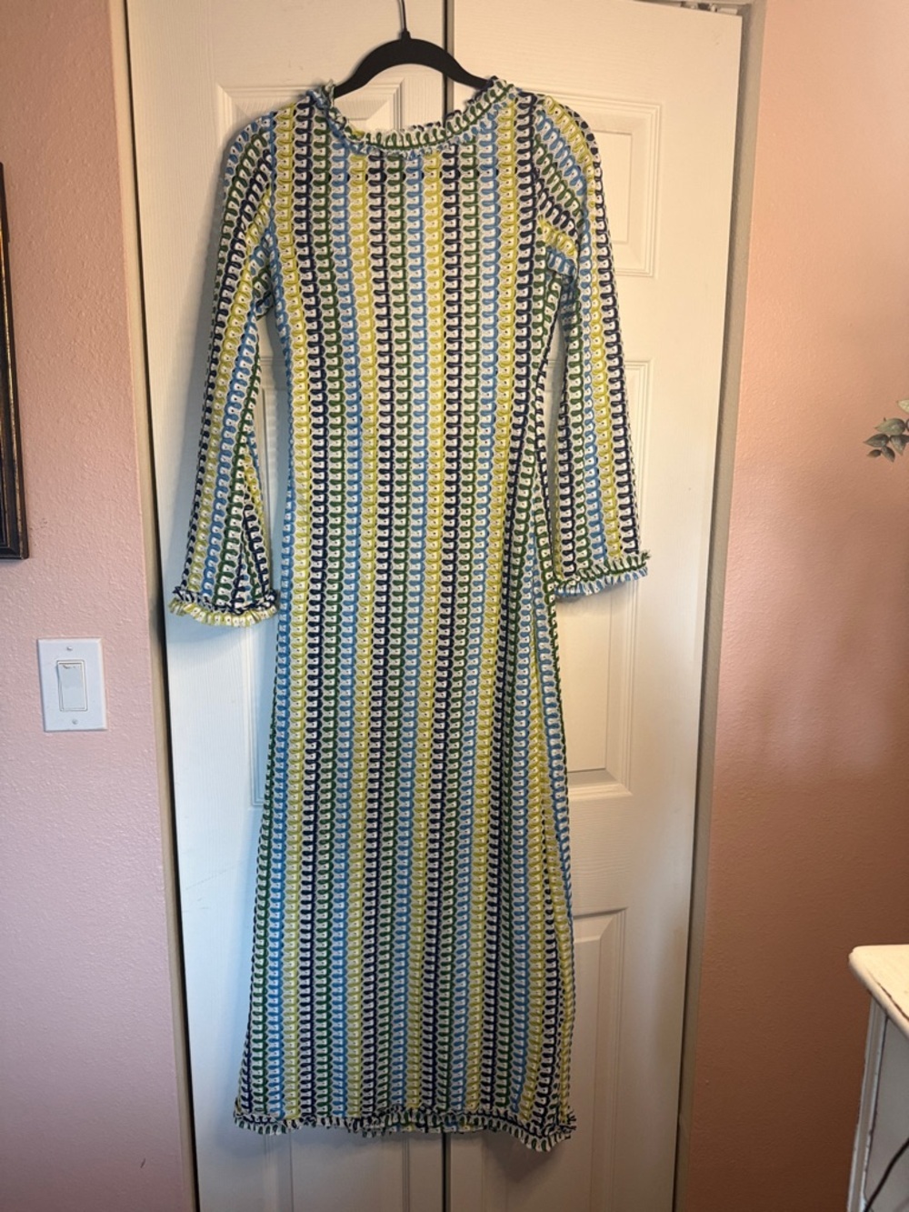 Striped Blue, Yellow & White Swim Coverup Maxi Dress - Picture 3 of 10